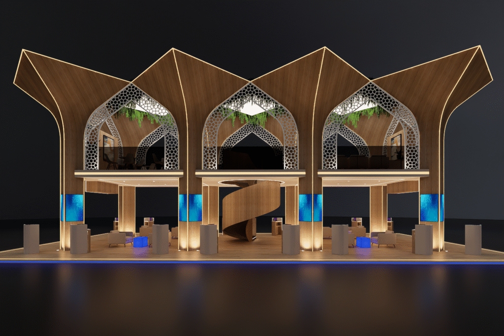 تصميم بوث 200 متر لمعرض الحج والعمرة – جدة: واجهة أمامية بطابع إسلامي حديث