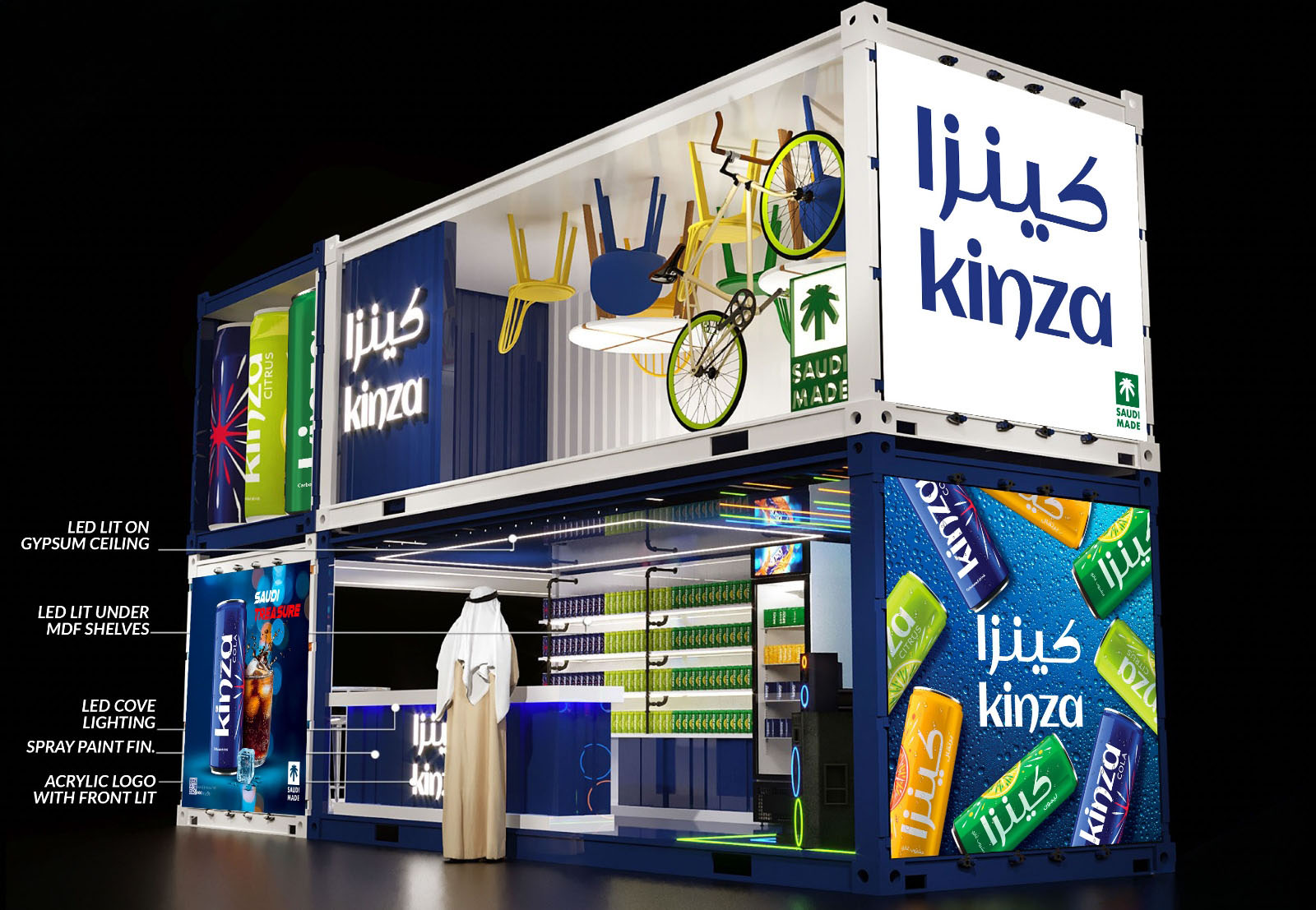 جناح كينزا في معرض Consmix جدة — تنفيذ Future Plan مع إضاءة LED ومنطقة تذوّق