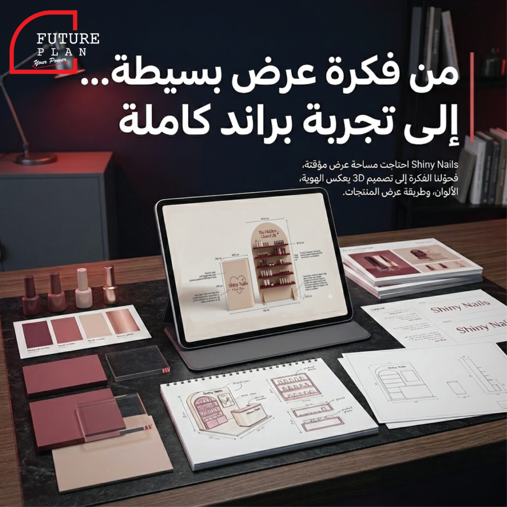 تصميم 3D لستاند Shiny Nails — retail display concept, color palette and production sketches by Future Plan