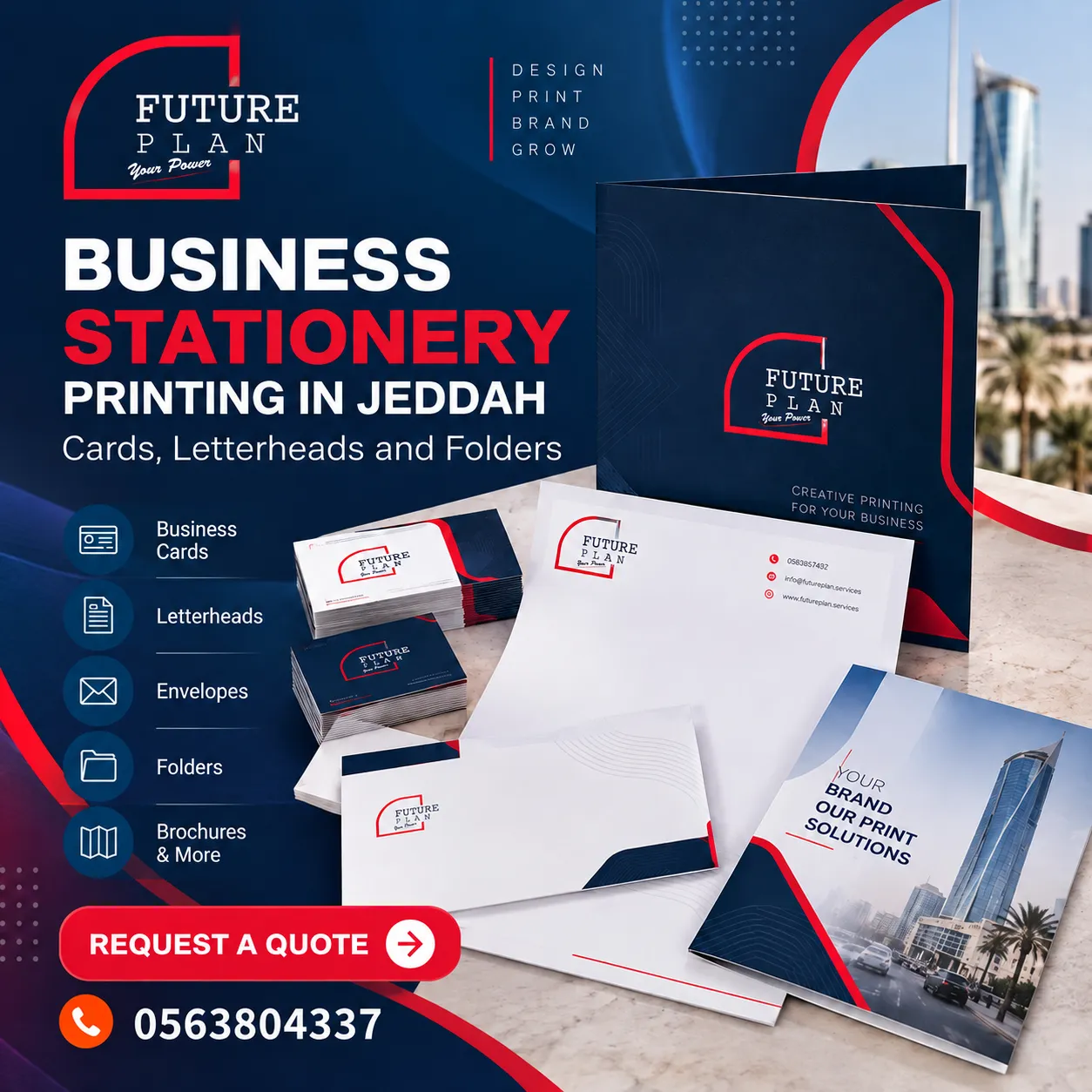 Business stationery printing in Jeddah featuring business cards, letterheads, envelopes and folders