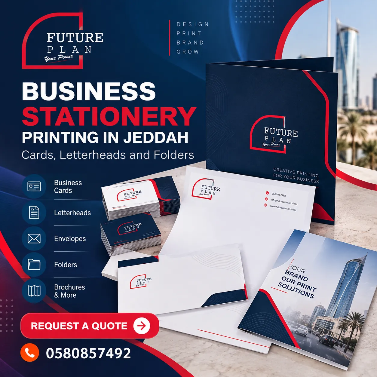 Business stationery printing in Jeddah featuring business cards, letterheads, envelopes and folders