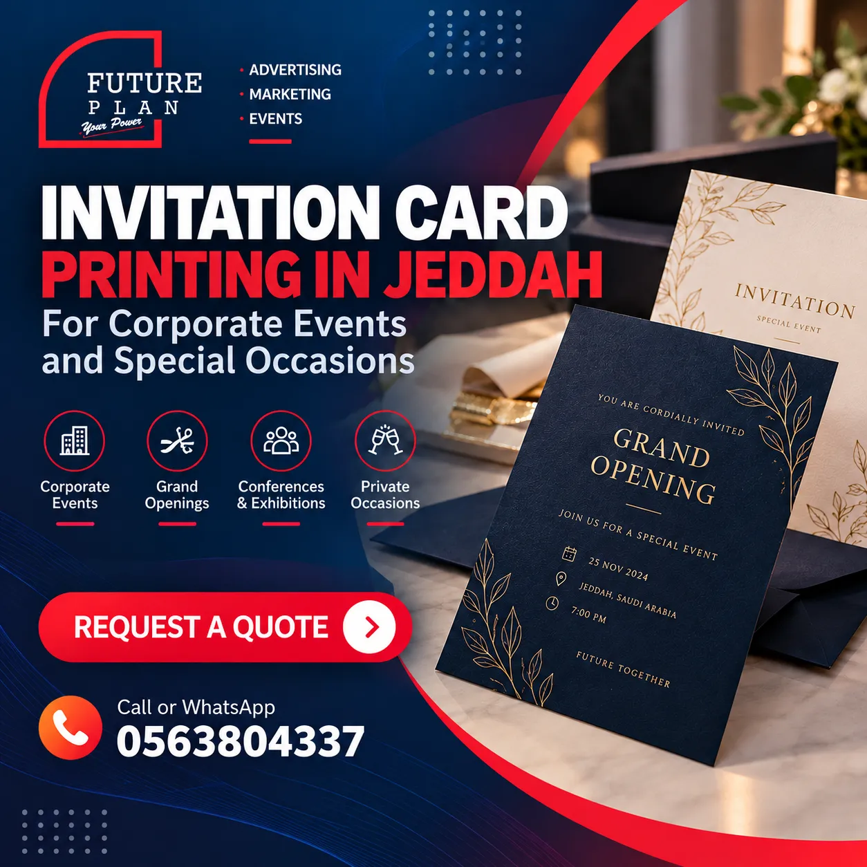 Custom invitation card printing in Jeddah for corporate events and special occasions.