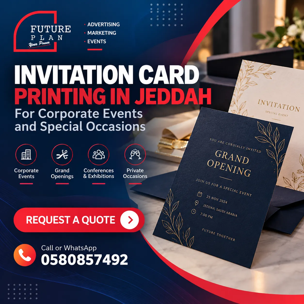 Custom invitation card printing in Jeddah for corporate events and special occasions.