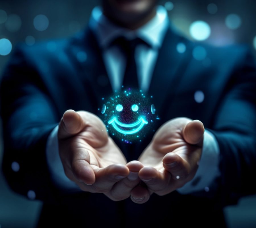 someone holding a glowing ball in their hands with a glowing smiley face. generative ai.